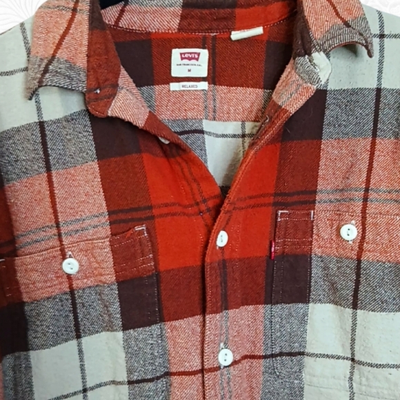 Levi's 100% Cotton Orange & Brown Relaxed Medium Weight Flannel Size Medium - Picture 3 of 5